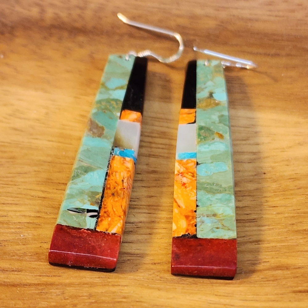 Native American Multi Stone Inlay Drop Earrings - Picture 14 of 15